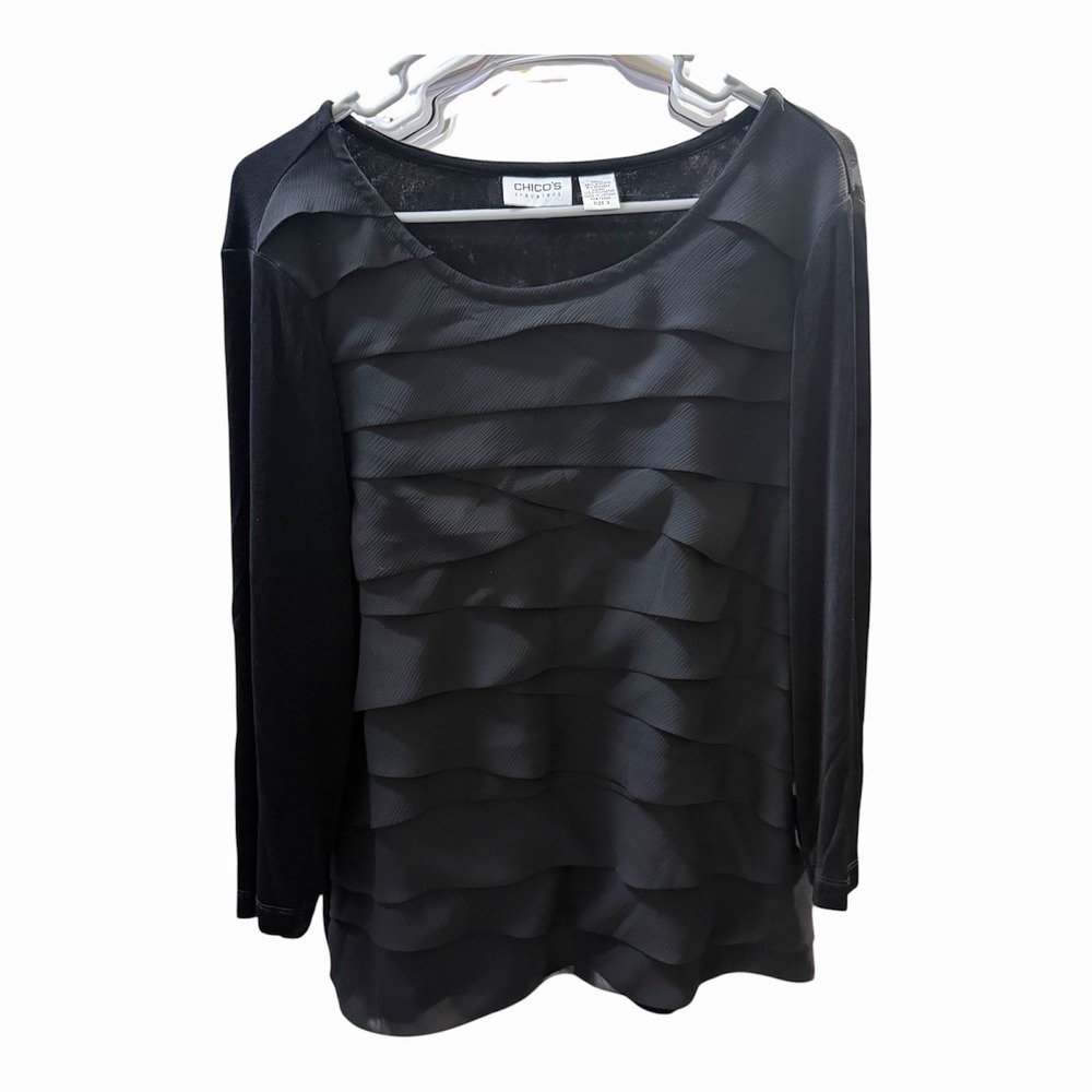 Chico's Travelers‎ Size-2 Womens Blouse Top Black Chiffon Tiered 3/4 Sleeve